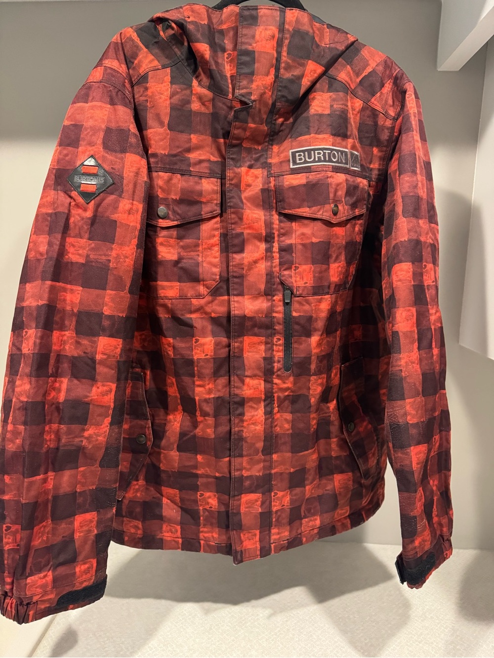 Burton Red and Black Plaid Ski Jacket with Hood